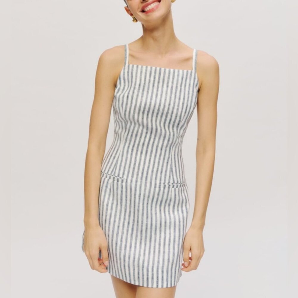 NEW Reformation Phillipa Linen Mini Dress in Antibes Stripe Blue White | size 4 - Picture 2 of 12
